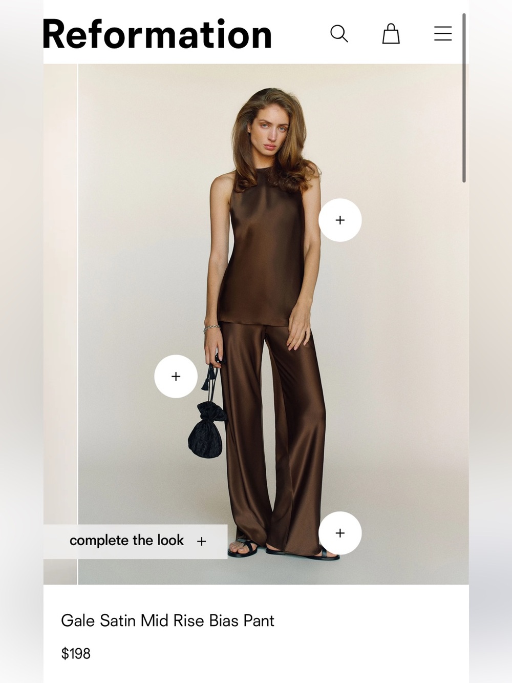 Reformation Gale Satin Mid Rise Bias Pant — Brown NWT